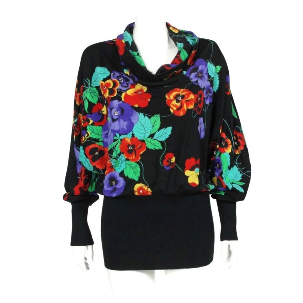 Vtg LEONARD Floral Black Bishop Sleeve Ribbed Waist Turtleneck Sweater Top /689